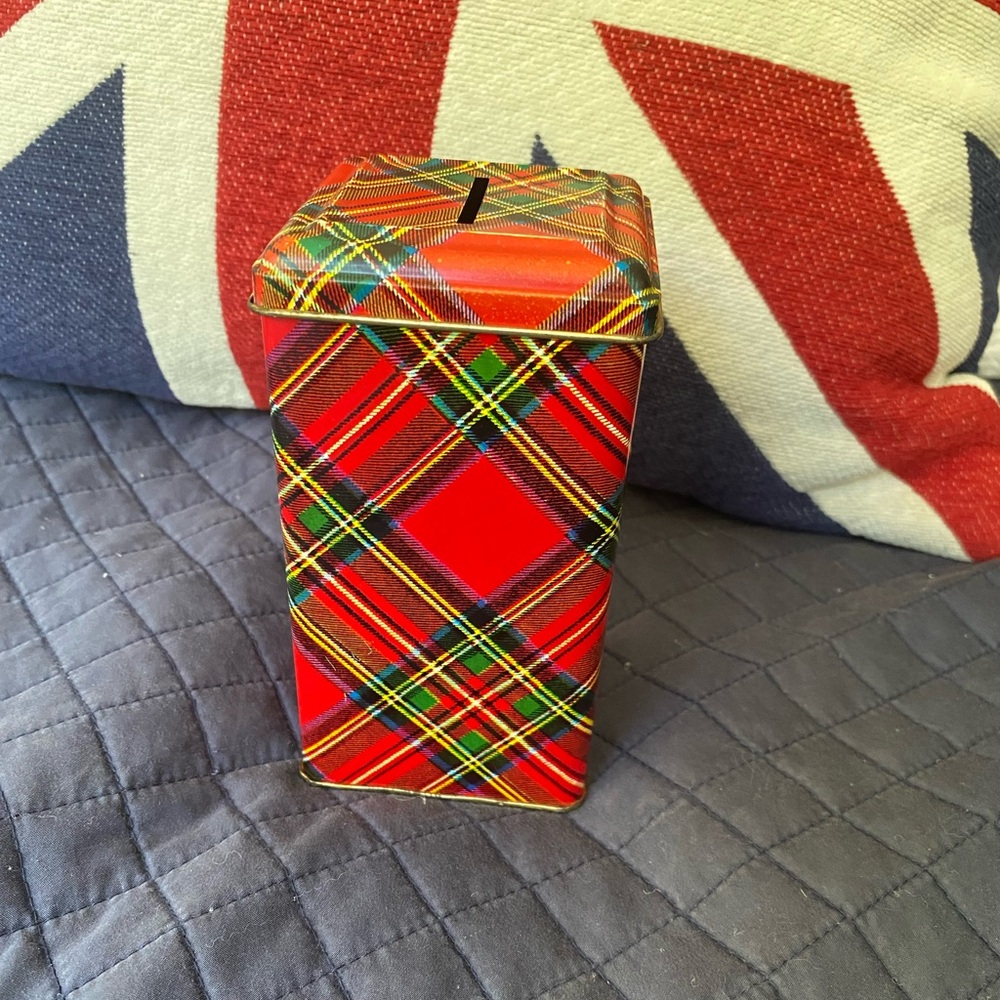 Red Tartan Plaid Tin Bank size 3x3x51/2 inches